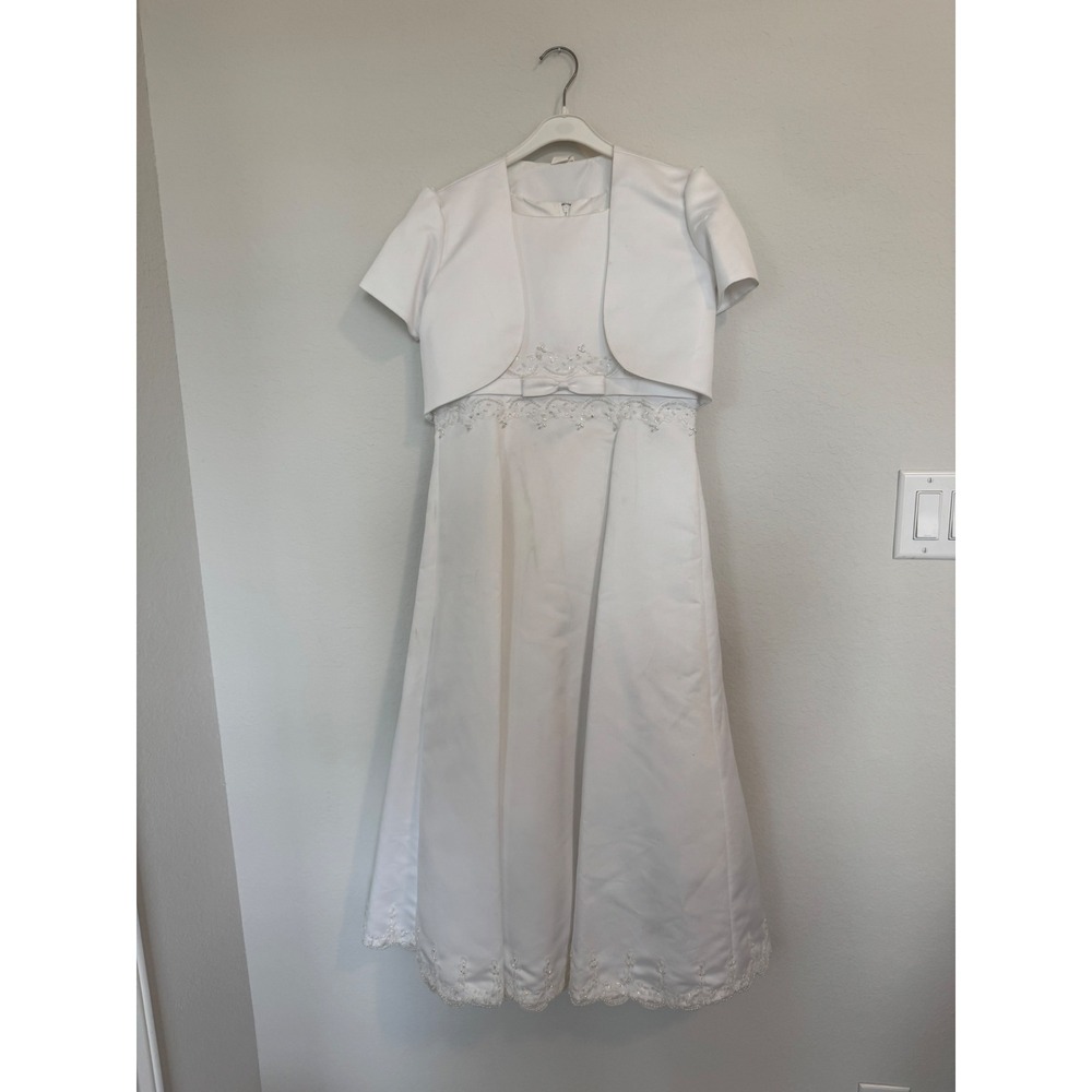 White Satin Communion Dress with Bolero Jacket Beaded Floral Size 12 Formal-0598